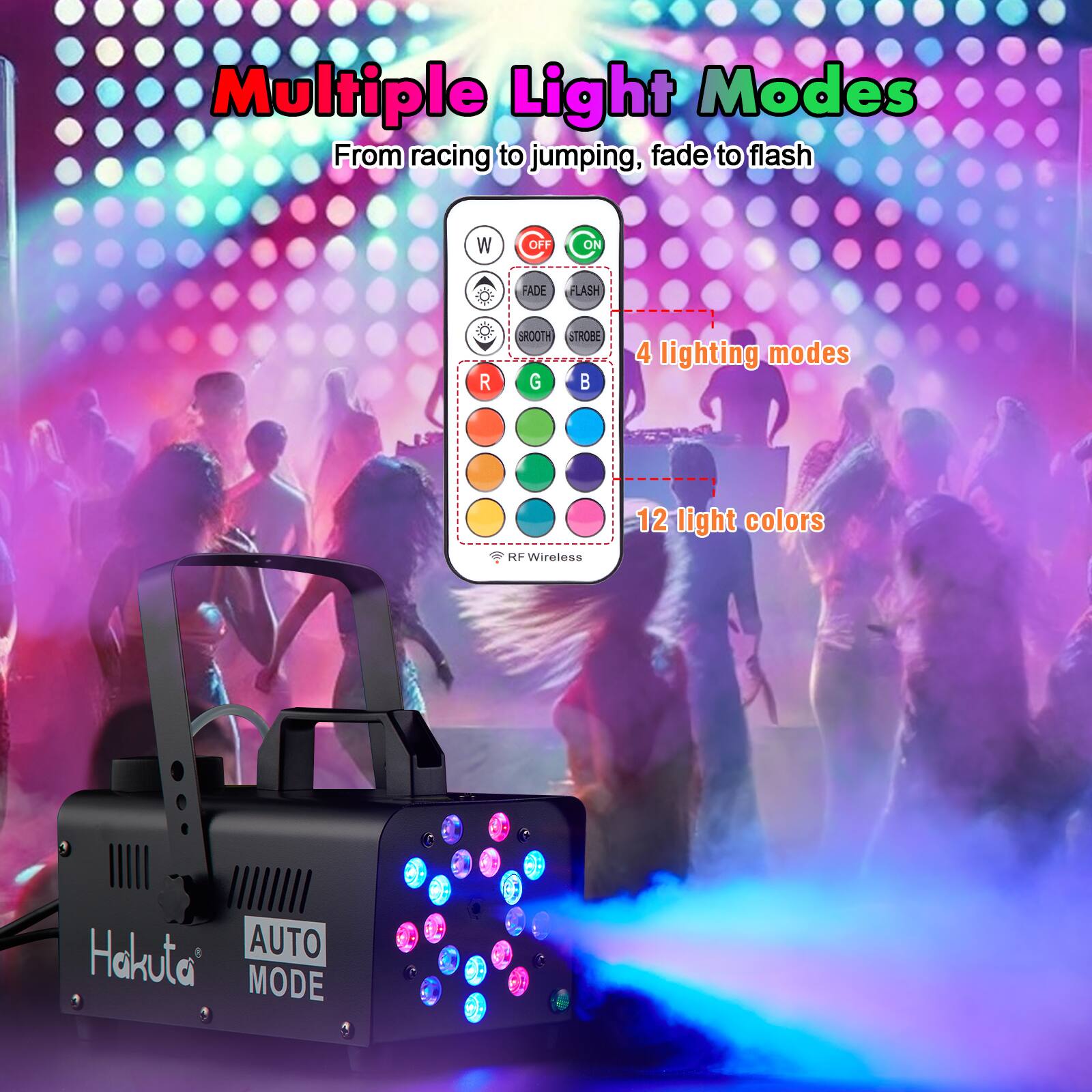 Multiple Light Modes: From racing to jumping, fade to flash. 

Lighting Modes: 
- OFF
- ON
- FADE
- FLASH
- SMOOTH
- STROBE

12 Light Colors: 
- R
- G
- B

Features: 
- RF Wireless
- AUTO MODE