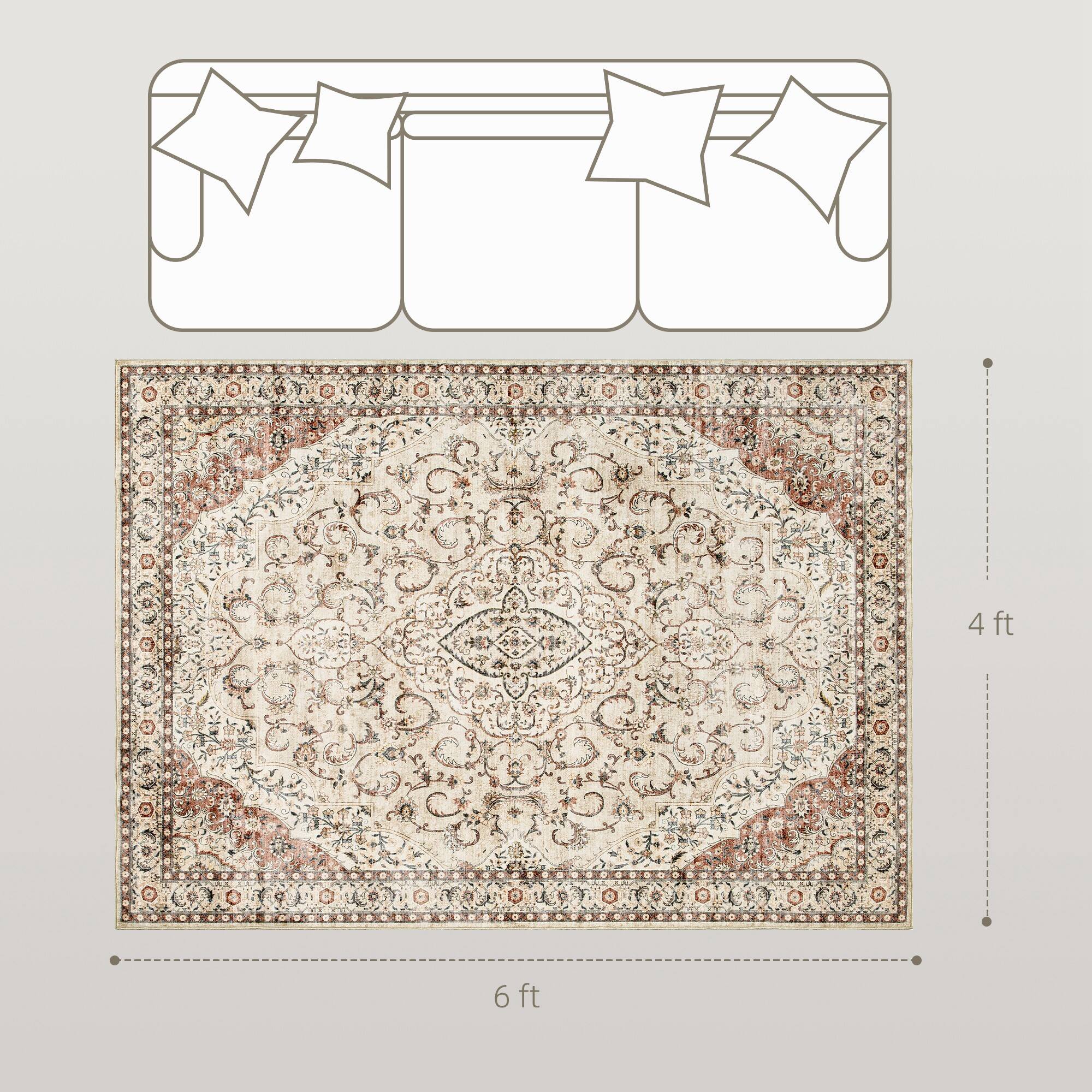 Alt View 2. Homcom - Area Rug 4x6, Machine Washable Non-Slip Classical Floral Print, Mixed-Brown - Mixed Brown.