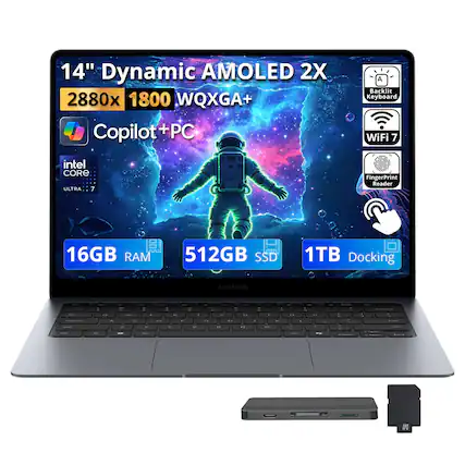 14" Dynamic AMOLED 2X
2880x 1800 WQXGA+
Copilot + PC
Backlit Keyboard
WiFi 7
Intel CORE ULTRA 7
FingerPrint Reader
16GB RAM
512GB SSD
1TB Docking
SAMSUNG