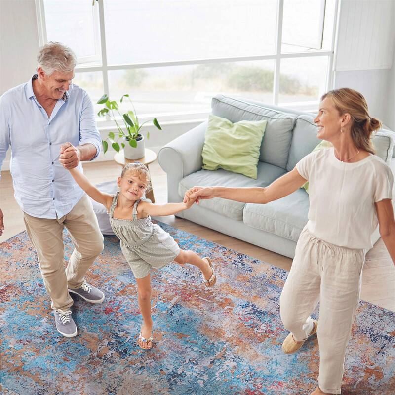 Angle. HTUTWOO - Foldable Machine Washable Area Rug 8x10 - Chenille Low Pile, Non-Slip TPR Backing, Stain Resistant, Super Soft Durable - Multi.