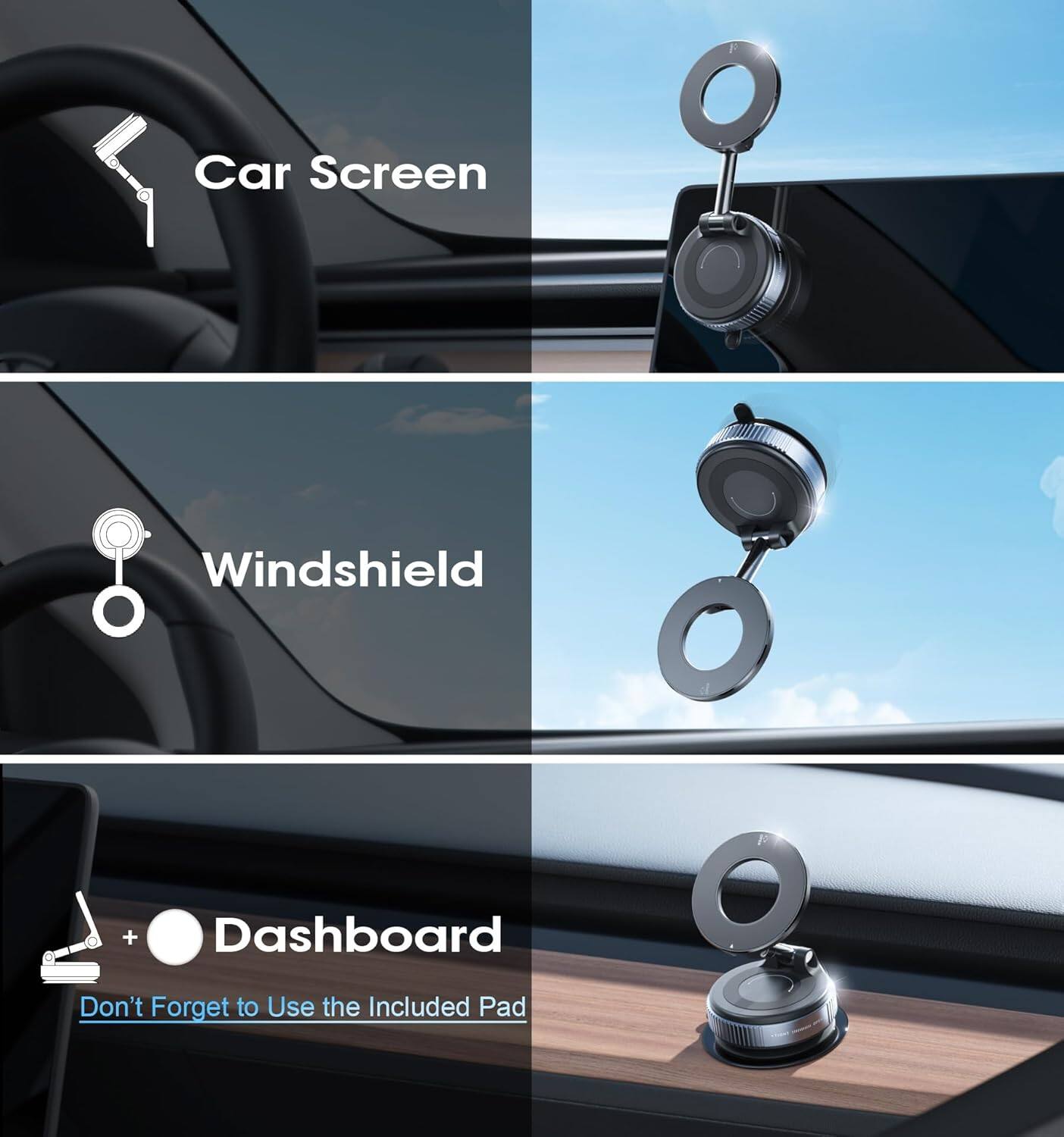 Car Screen  
Windshield  
Dashboard  

Don't Forget to Use the Included Pad