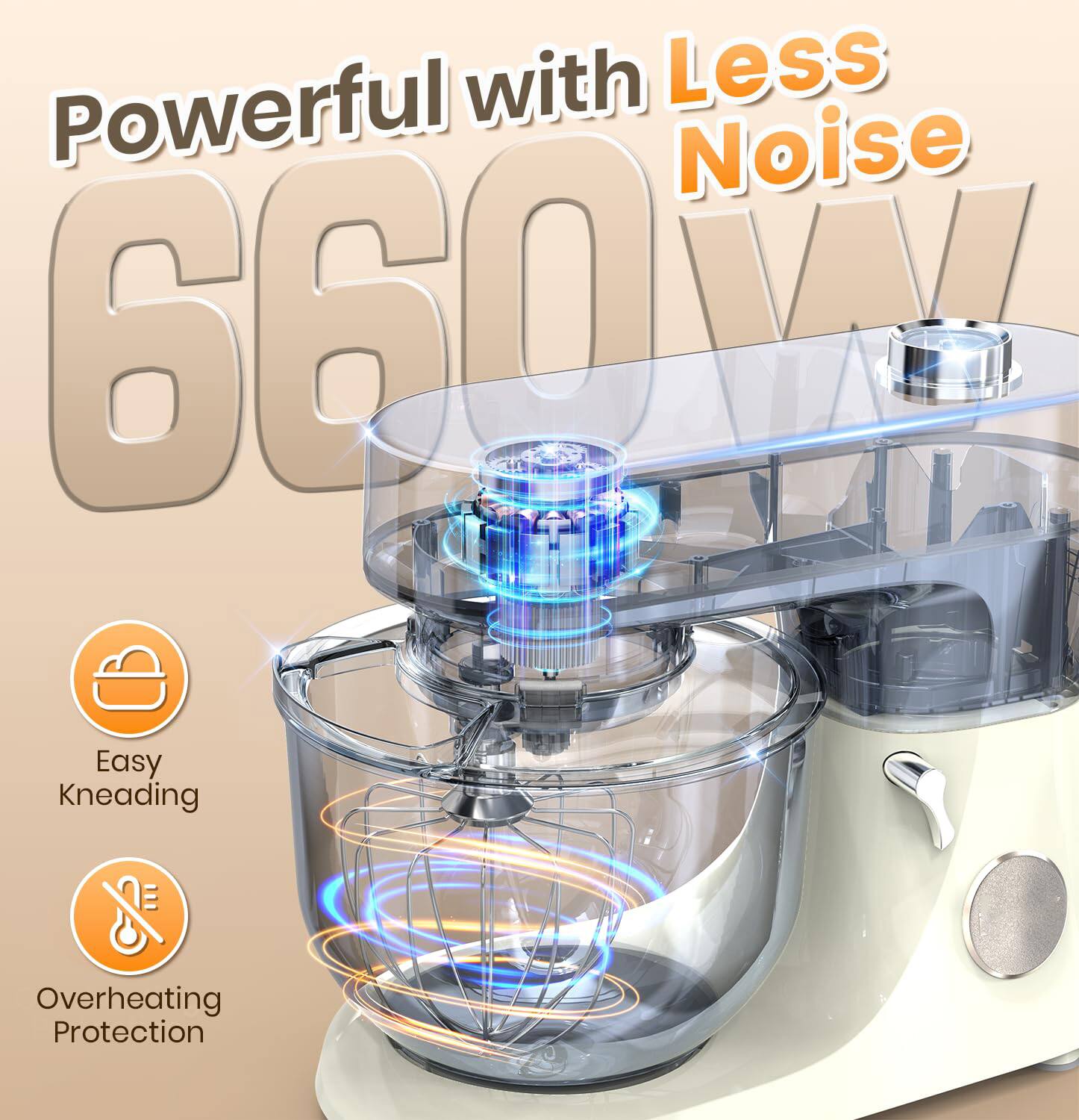 Powerful with Less Noise  
660W  
Easy Kneading  
Overheating Protection