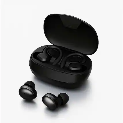Front. Zell Electronics - Open Ear Bluetooth 5.4 Sport Earbuds with Mic, LED Case, 24H Battery, Ear Hooks for Running & Gym - Black.