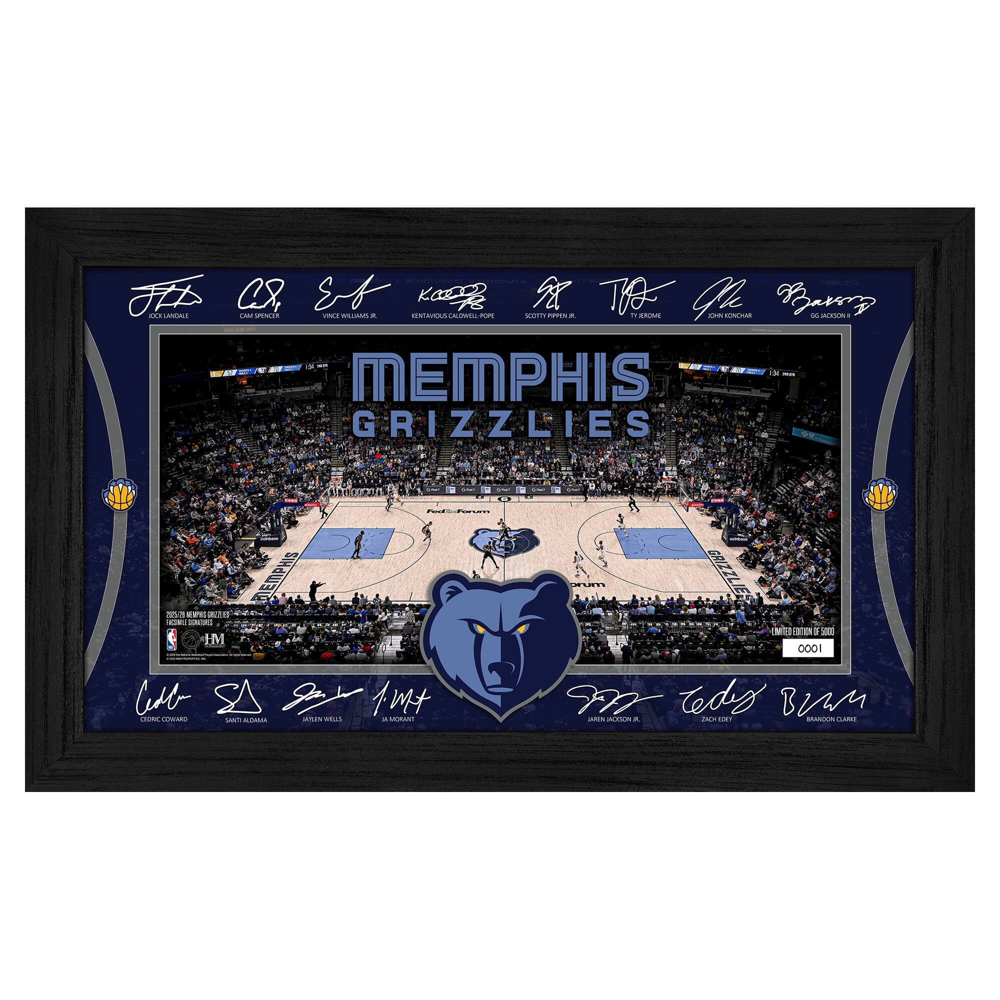Sure, here is the corrected and grouped text from the image:

**Top Section:**
- Jock Landale
- Cam Spencer
- Vince Williams Jr.
- Kentavius Caldwell-Pope
- Scotty Pippen Jr.
- Ty Jerome
- John Konchar
- OG Anunoby

**Center Section:**
- MEMPHIS GRIZZLIES

**Bottom Section:**
- Chris Conley
- Ja Morant
- Jaren Jackson Jr.
- Desmond Bane
- Jaren Jackson Jr.
- Zach Randolph
- Teddy Bumgarner

**Additional Text:**
- Limited Edition of 500
- 0001
- NBA
- FedExForum
- 2023-2024 NBA Season
- 1000 Cedt SA 1mt COR COAMn CAN Ads aL
- MAR tedis Bi A. adi a
- O onccm Coke

**Bottom Right:**
- Teddy Bumgarner
- Jaren Jackson Jr.
- Zach Randolph

**Bottom Left:**
- Chris Conley
- Ja Morant
- Desmond Bane

**Bottom Center:**
- Limited Edition of 50