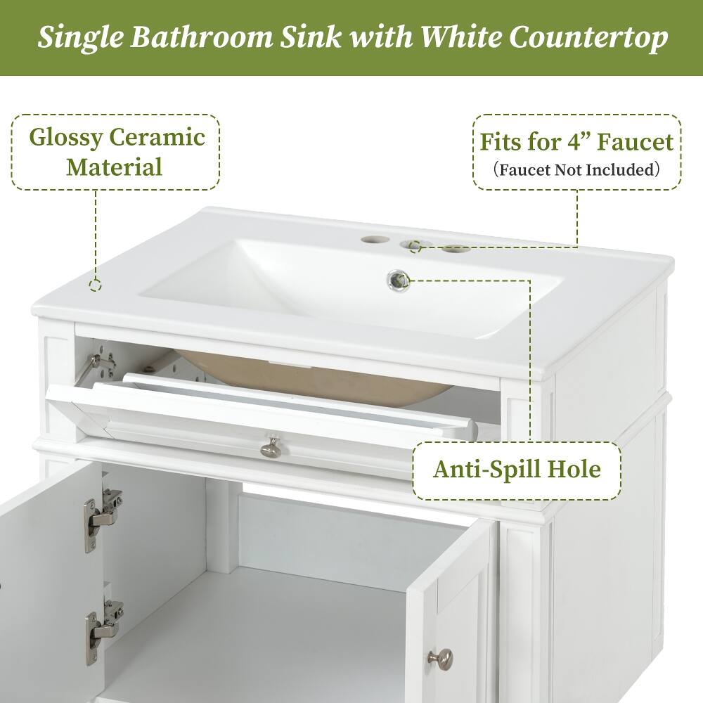 Single Bathroom Sink with White Countertop

- Glossy Ceramic Material
- Fits for 4" Faucet (Faucet Not Included)
- Anti-Spill Hole