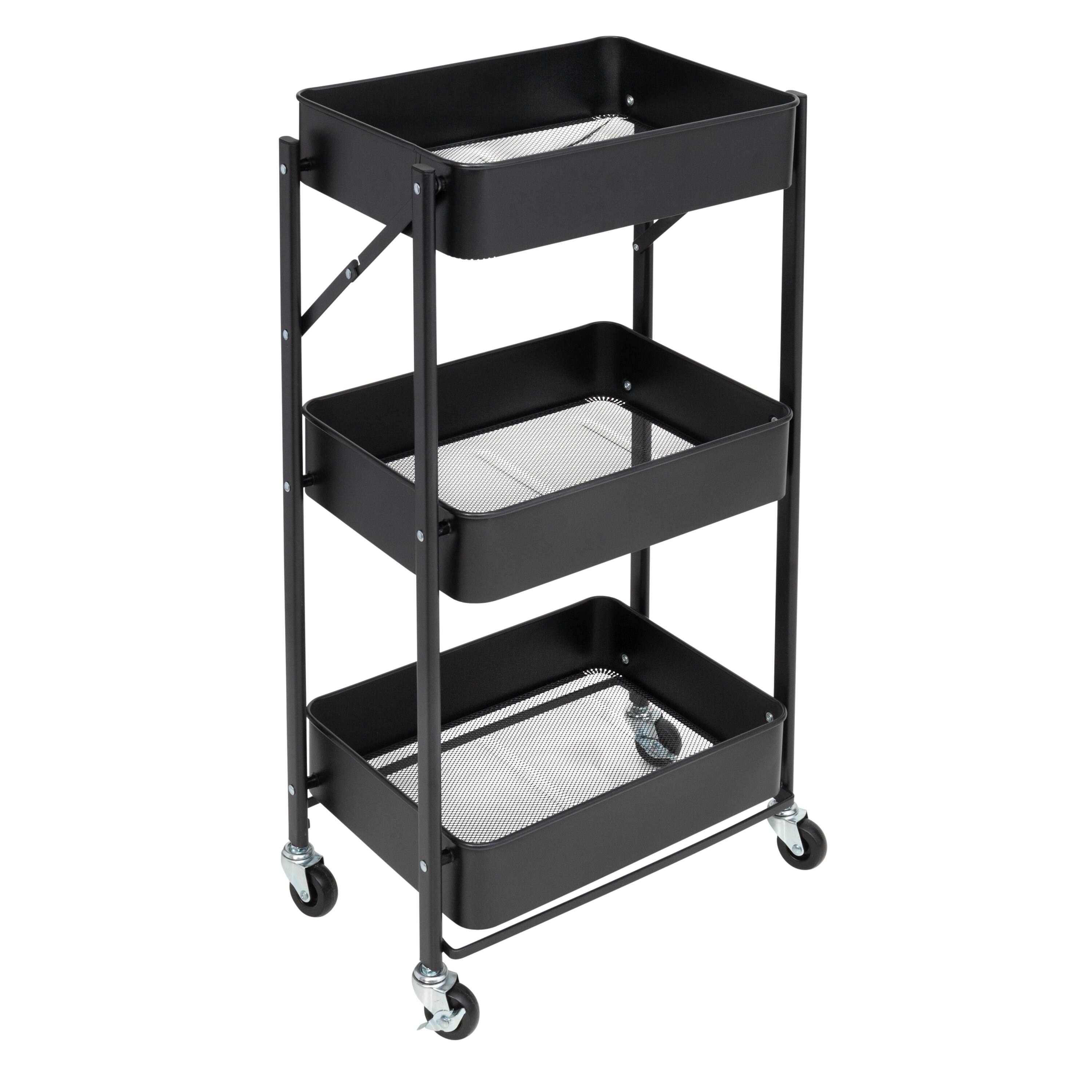 Angle. Honey-Can-Do - 3-Tier Metal Folding Cart with Wheels - Black.