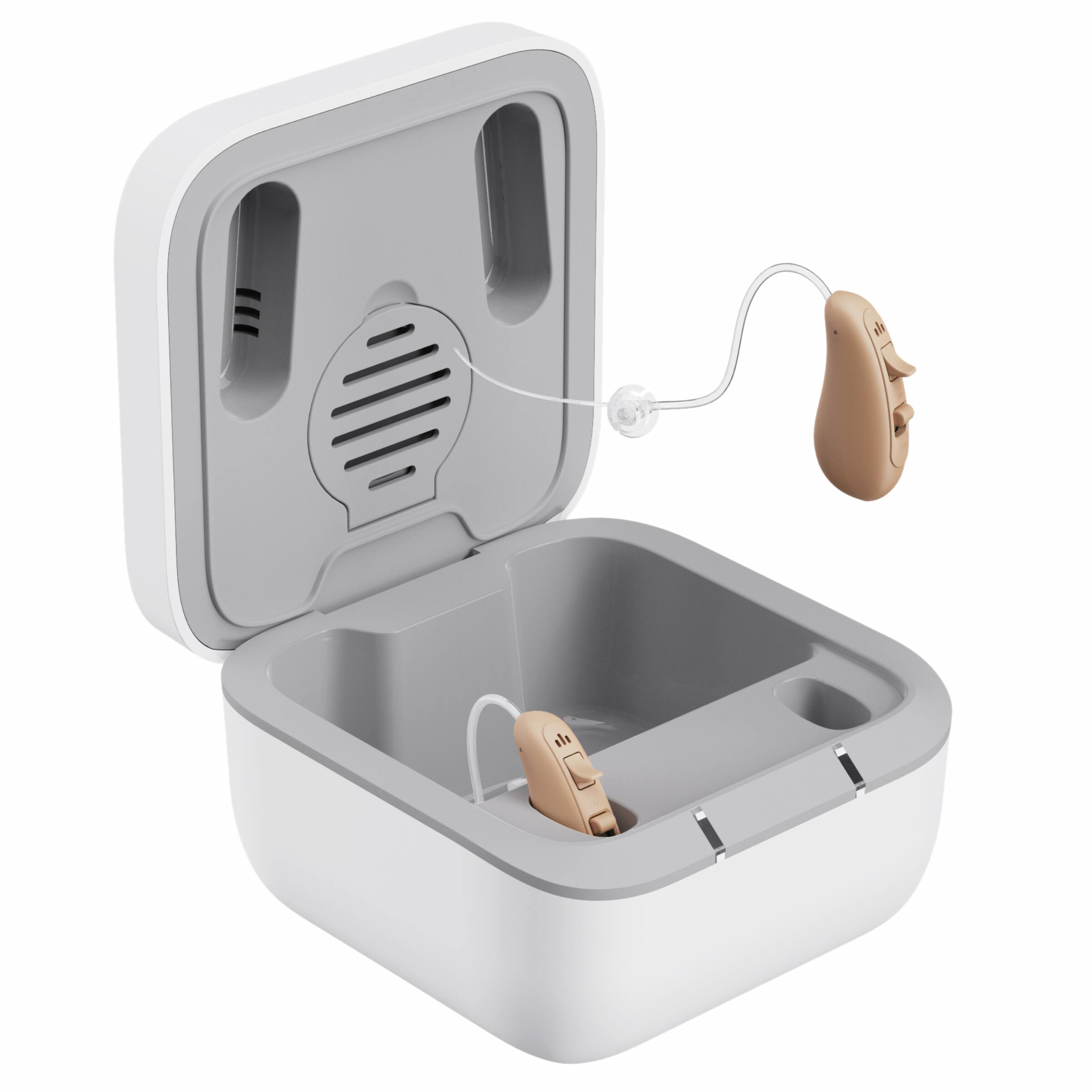 Front. Ceretone - Solid Rechargeable OTC Hearing Aids – Natural Sound, Noise Reduction, Comfortable BTE Fit, Portable Charging Case - Beige.