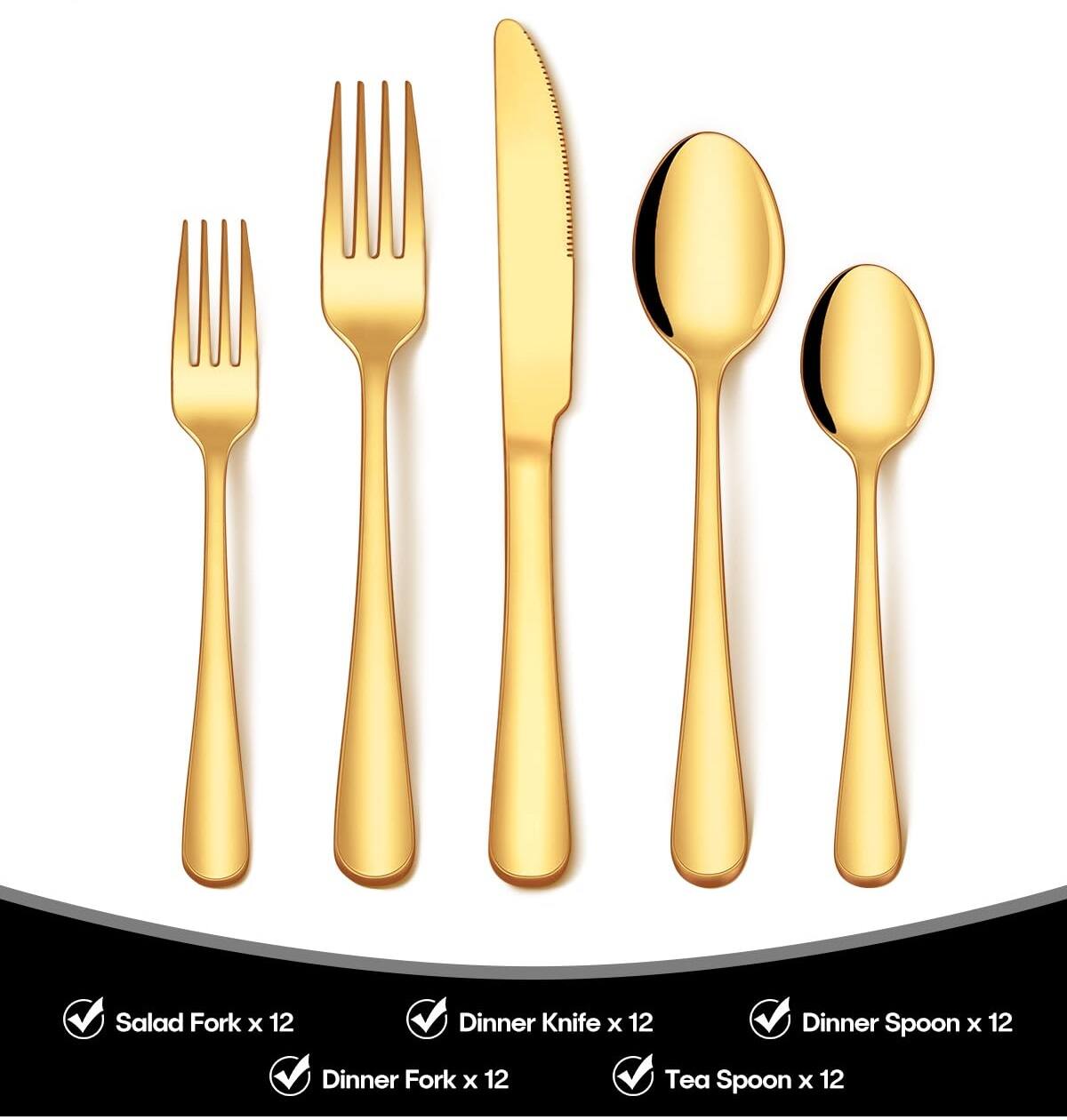 Angle. Dazzed Corner - 60-Piece Gold Silverware Set, Stainless Steel Flatware Cutlery Set Service for 12 - NYTPXVQ.