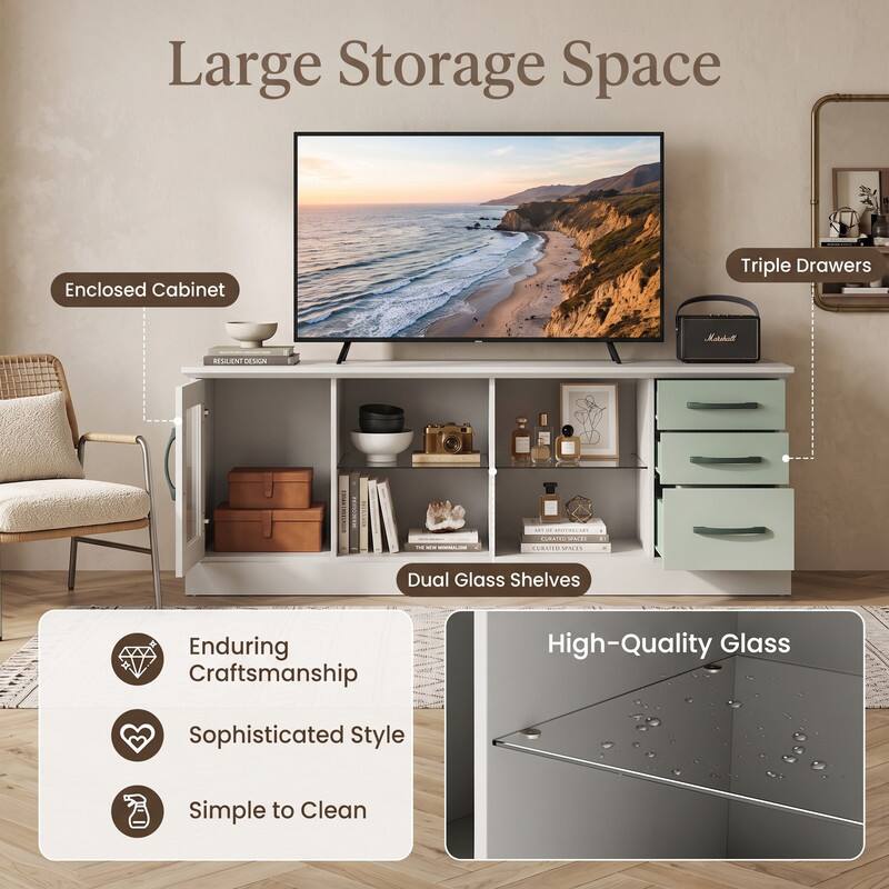 Large Storage Space  
Enclosed Cabinet  
Triple Drawers  
Dual Glass Shelves  
Enduring Craftsmanship  
Sophisticated Style  
Simple to Clean  
High-Quality Glass  
Resilient Design