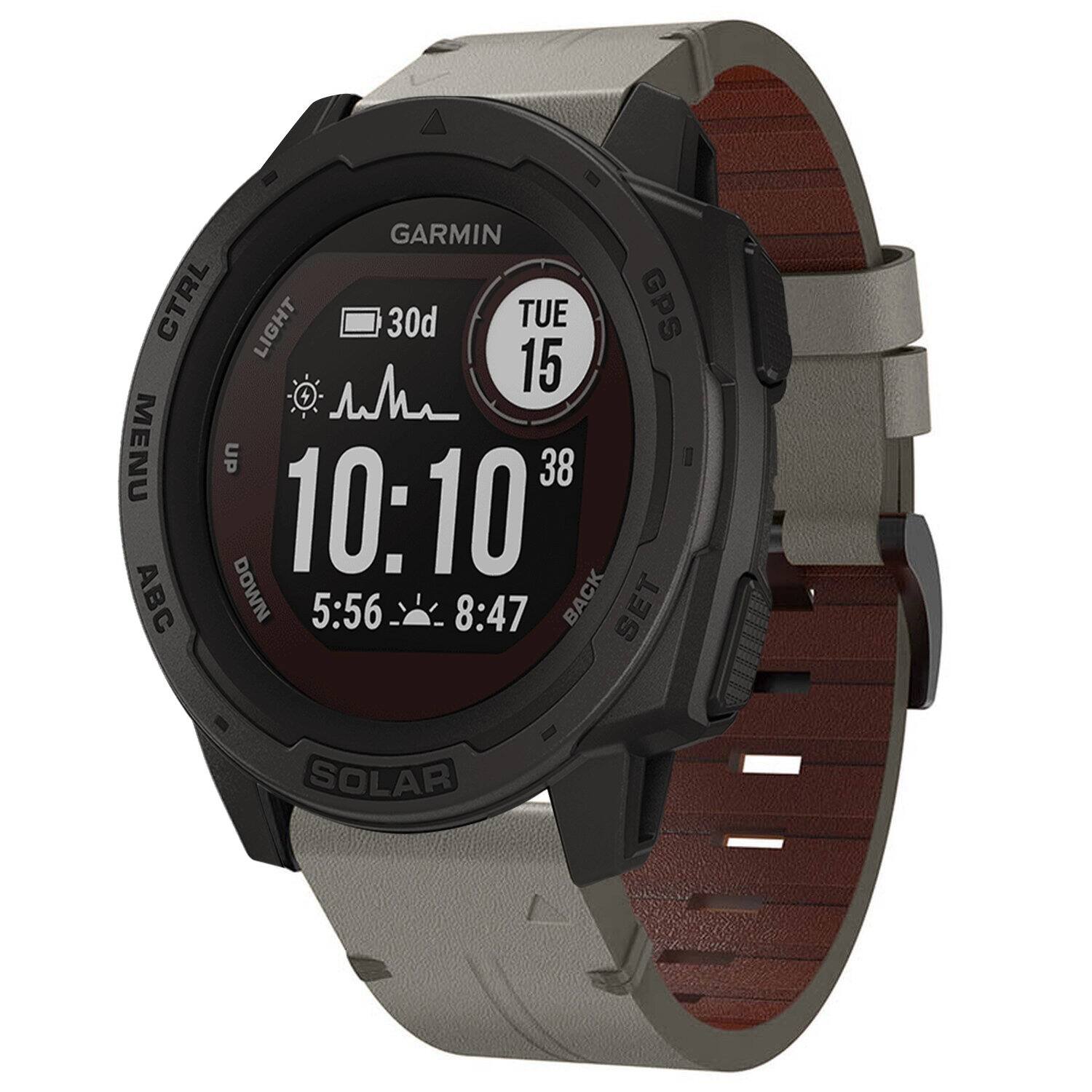 GARMIN CTRL LIGHT 30d TUE 15 GPS 10:10 38 5:56 8:47 MENU UP ABC DOWN BACK SET SOLAR