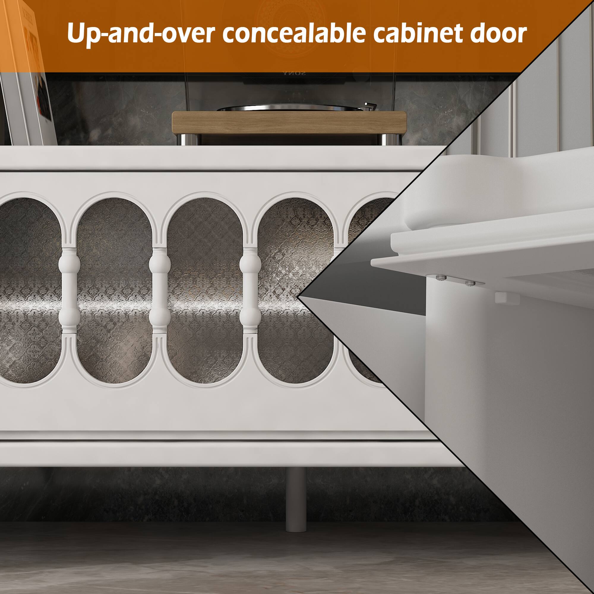 Up-and-over concealable cabinet door