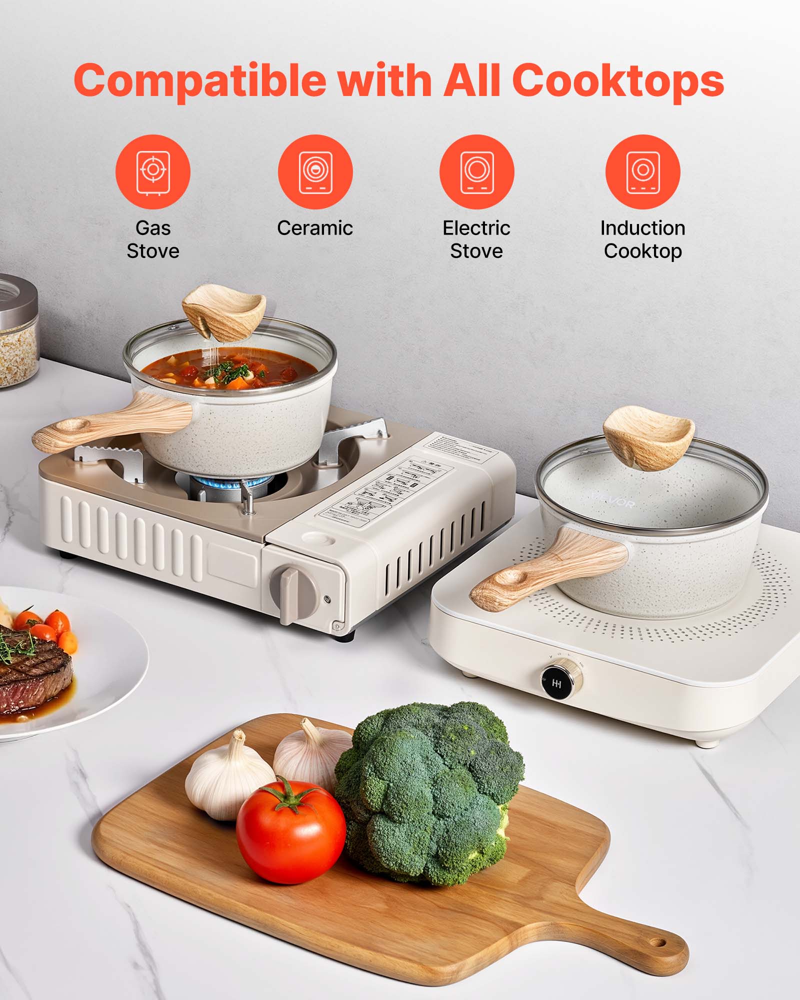 Compatible with All Cooktops

- Gas Stove
- Ceramic Stove
- Electric Stove
- Induction Cooktop