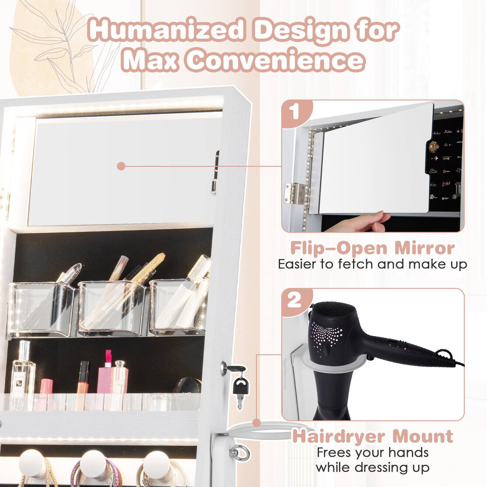 Humanized Design for Max Convenience

1. Flip-Open Mirror  
Easier to fetch and make up

2. Hairdryer Mount  
Frees your hands while dressing up