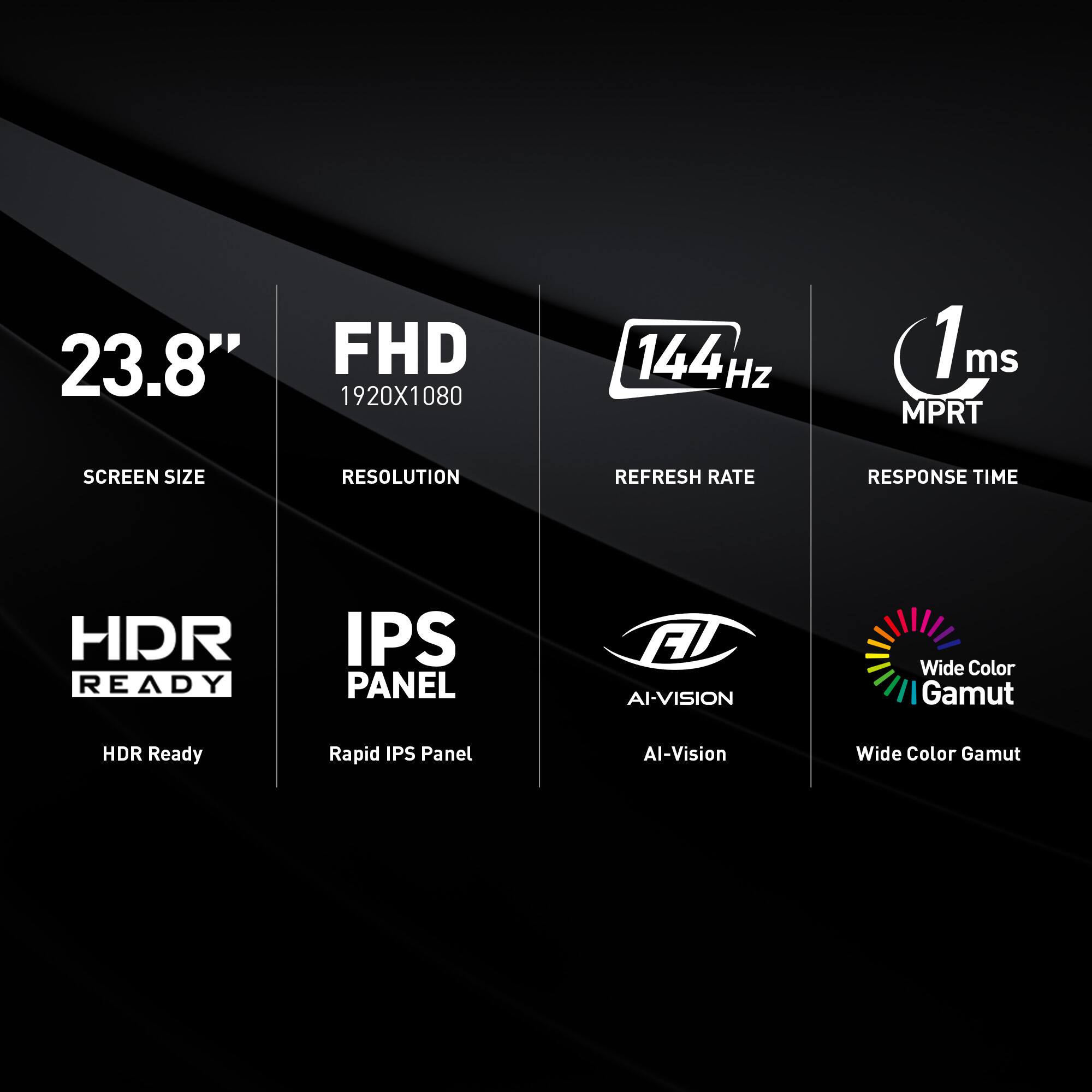 The text on the image can be grouped and corrected as follows:

* 23.8" FHD 1920X1080 144 Hz (1m 1 ms MPRT)
* Screen Size: 23.8"
* Resolution: 1920x1080
* Refresh Rate: 144 Hz
* Response Time: 1m 1 ms MPRT
* HDR Ready
* IPS Panel
* AI-Vision
* Wide Color Gamut
* HDR Ready
* Rapid IPS Panel
* Al-Vision
* Wide Color Gamut