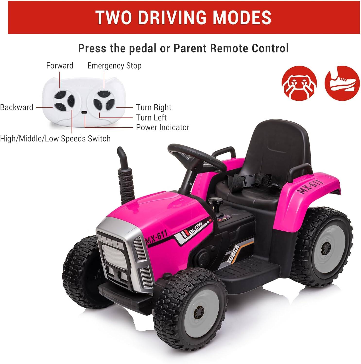 TWO DRIVING MODES

Press the pedal or Parent Remote Control

- Forward
- Emergency Stop
- Backward
- Turn Right
- Turn Left
- Power Indicator
- High/Middle/Low Speeds Switch

MX-611
BLOW TRUCK