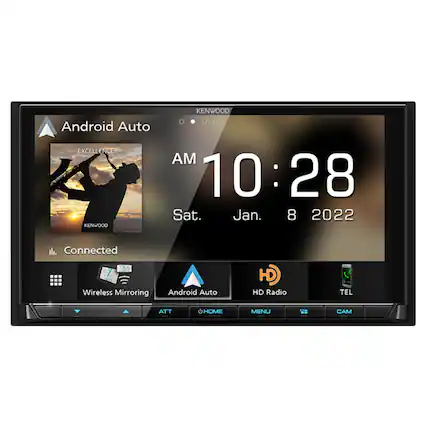KENWOOD Android Auto
EXCELLENCE
AM 10:28 Sat. Jan. 8 2022
Connected
Wireless Mirroring
Android Auto
HD Radio
TEL
ATT HOME MENU CAM