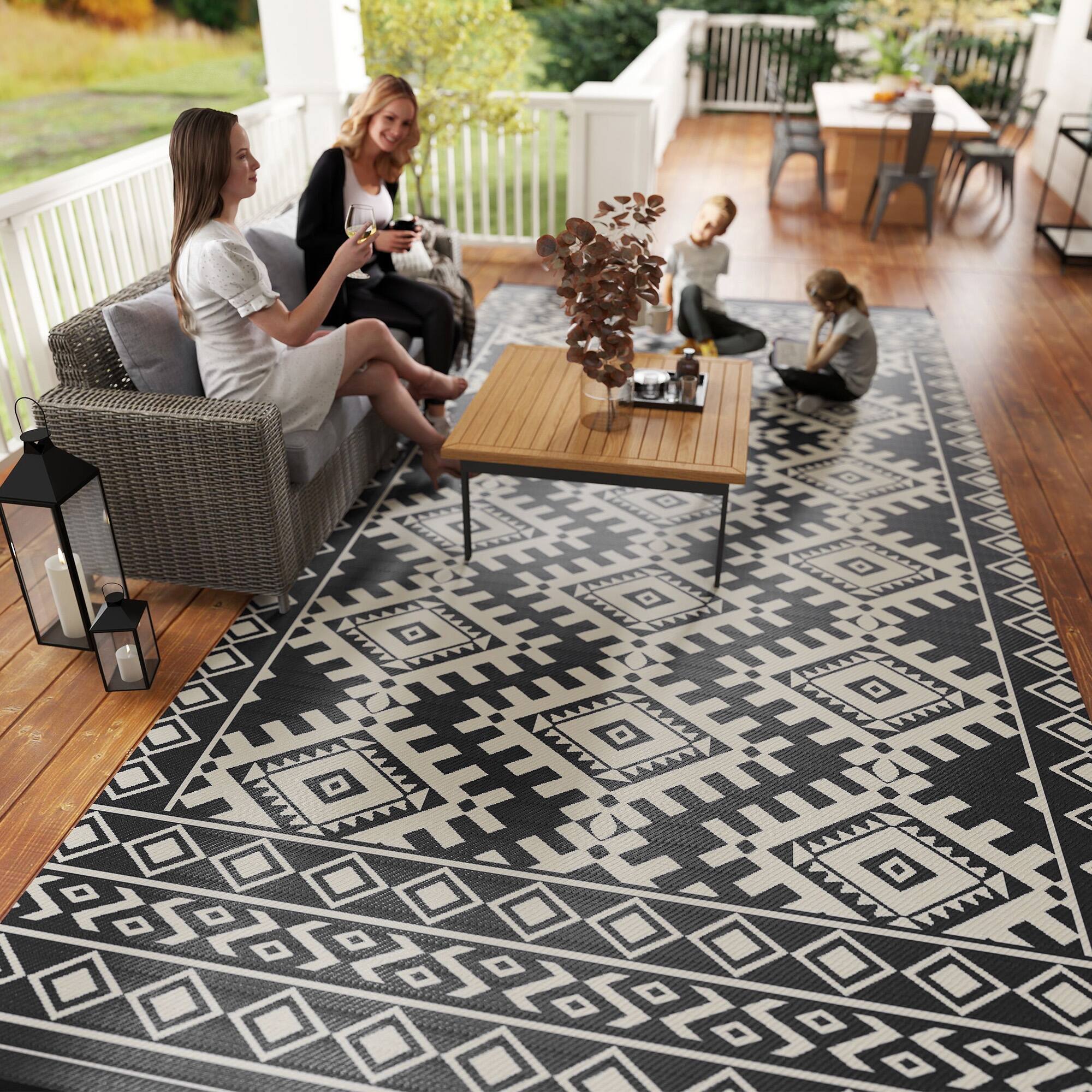 Alt View 8. Outsunny - Outdoor Rug for Patio, 9' x 18' Waterproof Large Mat, Reversible Plastic Straw Rug for Décor - Black and White Rhombus Border.