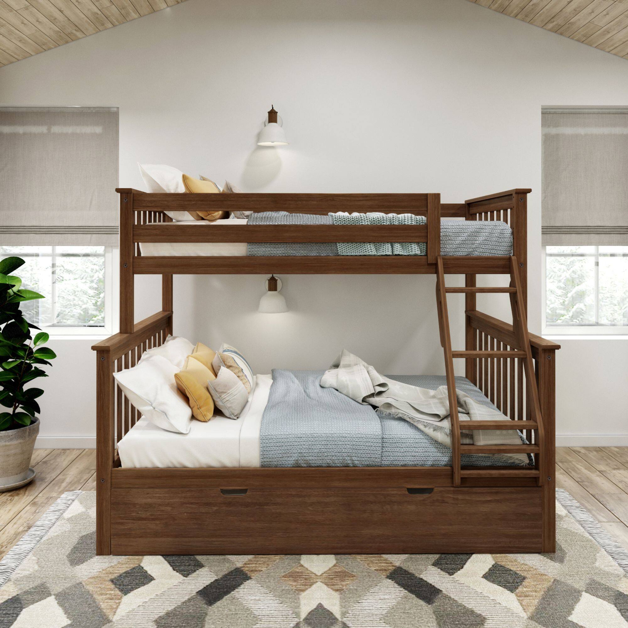 Alt View 1. Plank+Beam - Classic Twin over Full Bunk Bed Bed with Trundle, Walnut - Walnut.