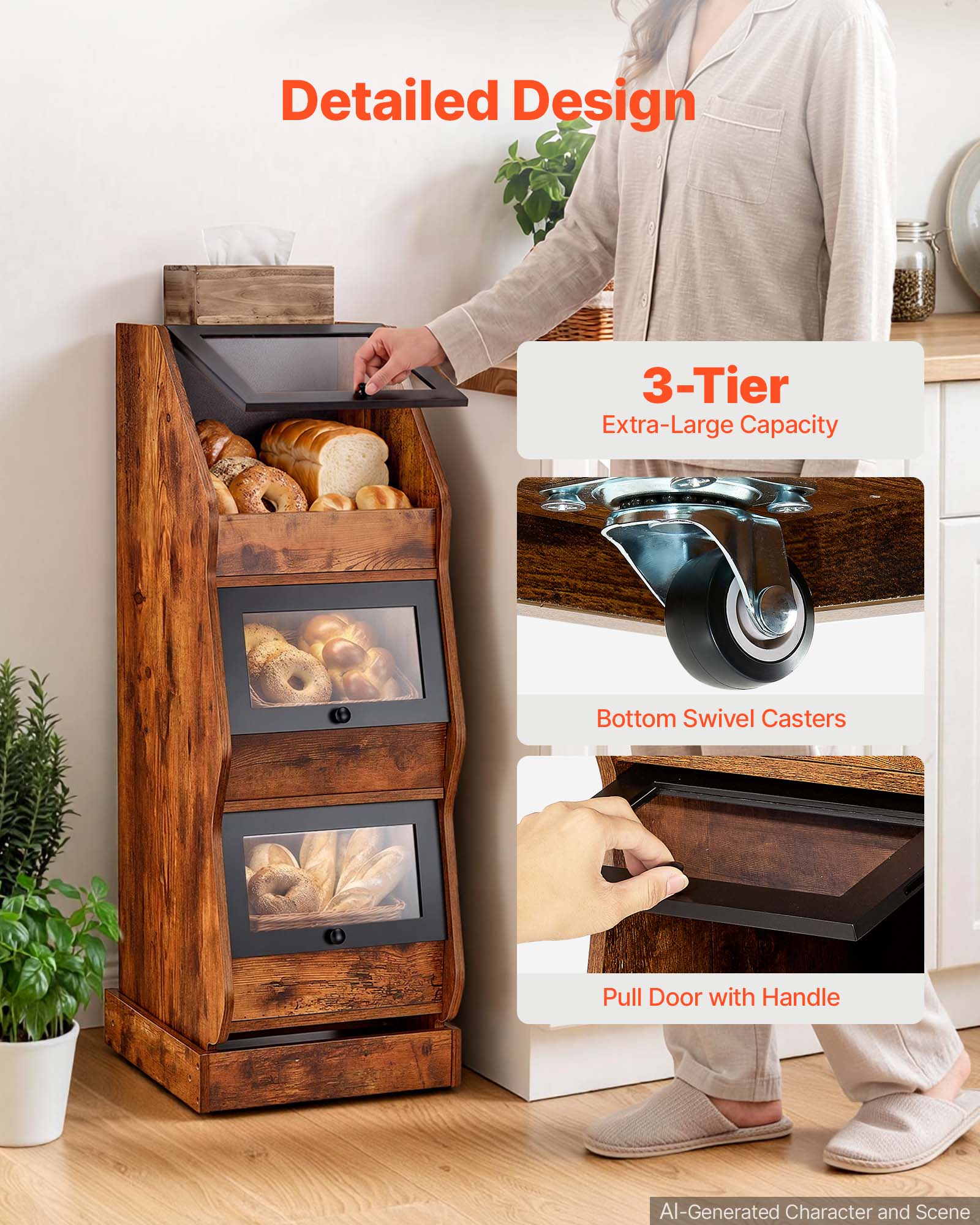 Detailed Design  
3-Tier Extra-Large Capacity  
Bottom Swivel Casters  
Pull Door with Handle  
AI-Generated Character and Scene