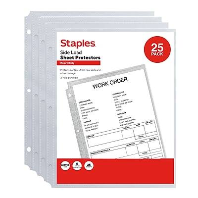 Staples
Side Load
Sheet Protectors
Memory Board
Protects contents from dust, spills, and damage
3-hole punched
WORK ORDER
25 PACK
Letter Size
5 25