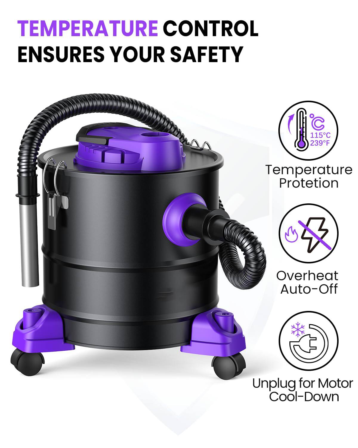 TEMPERATURE CONTROL ENSURES YOUR SAFETY

- Temperature Protection
  - 115°C
  - 239°F

- Overheat Auto-Off

- Unplug for Motor Cool-Down