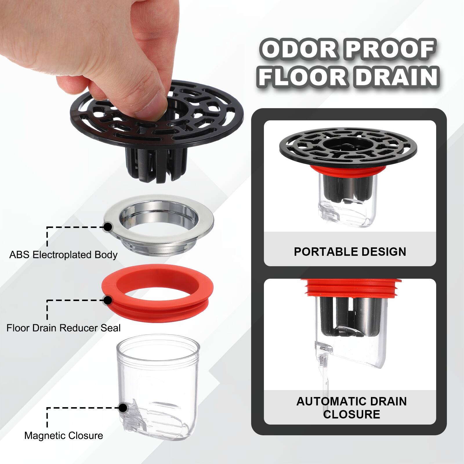 ODOR PROOF FLOOR DRAIN  
ABS Electroplated Body  
PORTABLE DESIGN  
Floor Drain Reducer Seal  
AUTOMATIC DRAIN CLOSURE  
Magnetic Closure