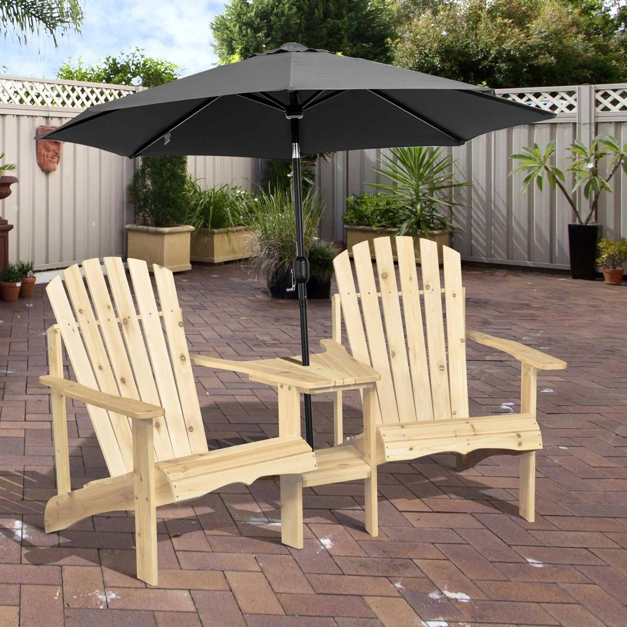 Alt View 7. Resenkos - Resenkos Fire Pit Seating, 2 Wooden Adirondack Chairs with Outdoor Table & Umbrella Hole, Natural Wood Color - Natural Wood Color.