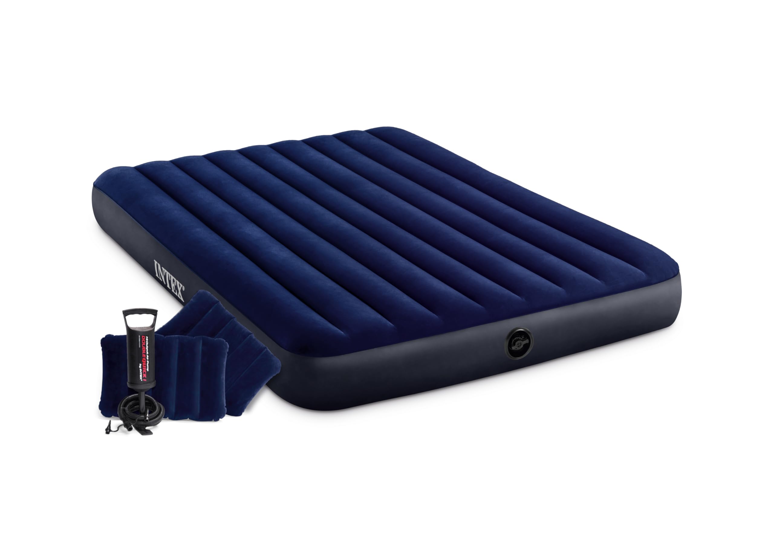 Intex - 64765E Dura-Beam Standard Classic Air Mattress with Inflatable Pillows: Fiber-Tech - Queen Size - Hand Pump - 10in