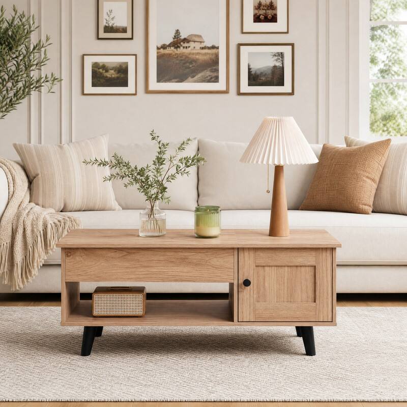 Angle. WELLFOR - 39.5" Lift Top Coffee Table with Hidden Compartment & Storage Shelf, Modern Wood Accent Table for Living Rooms - Natural.