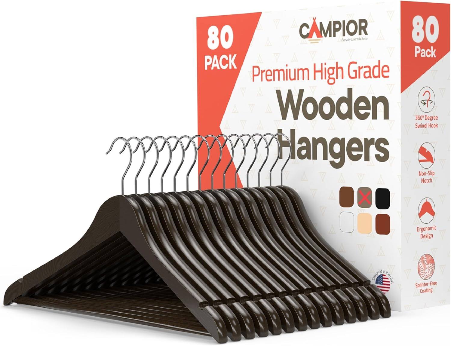 80 Pack, Premium High Grade, Wooden Hangers, 360 Degree Swivel Hook, Non-Slip Notch, Ergonomic Design, Splinter-Free Coating