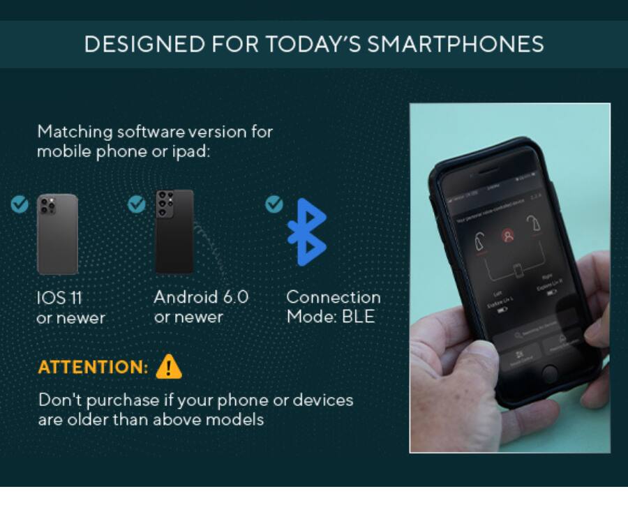 DESIGNED FOR TODAY'S SMARTPHONES

Matching software version for mobile phone or iPad:
- iOS 11 or newer
- Android 6.0 or newer

Connection Mode: BLE

ATTENTION: Don't purchase if your phone or devices are older than above models