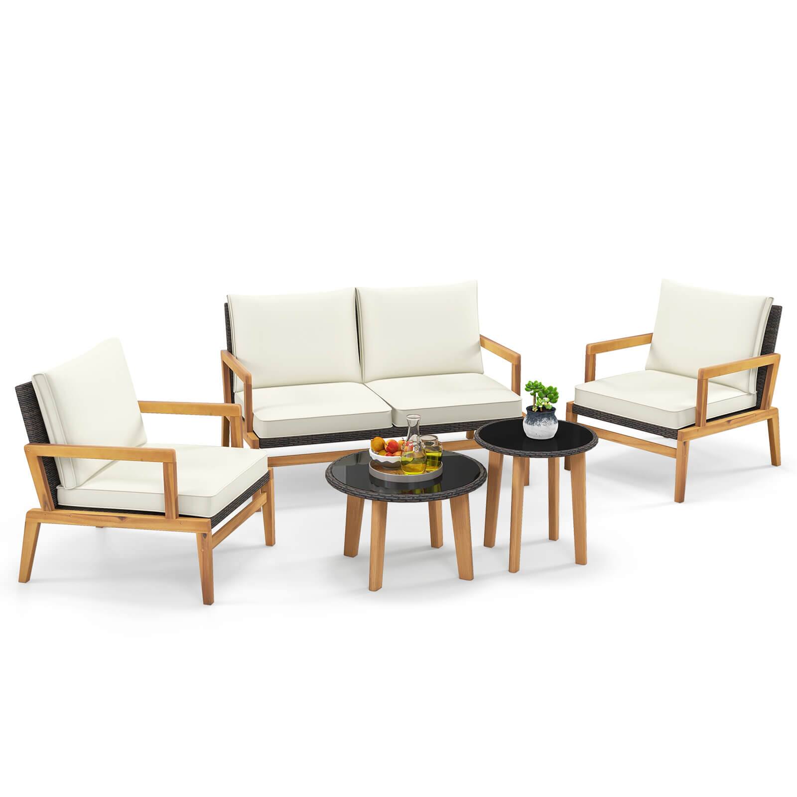 Alt View 3. Gymax - Gymax 5 Piece Rattan Furniture Set w/ Wicker Woven Sofa Set & Solid Acacia Wood Frame - Off White.