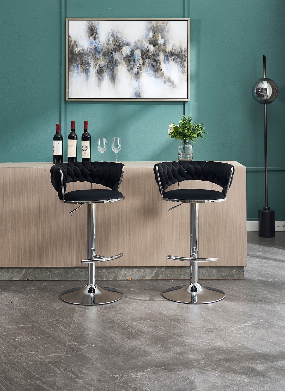 APRILSOUL - Set of 2 Bar Stools Chrome Footrest Base Swivel Height Adjustable Velvet Chrome Leg - Black