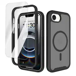 Dteck - Magnetic Matte Case for Apple iPhone 17e / 16e,Military-Grade Shockproof Cover with HD Tempered Glass,Translucent Cover - Black