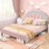 Angle. Costway - Queen Size Upholstered LED Bed Frame Soft Velvet Platform Bed with Flower Headboard - Pink.