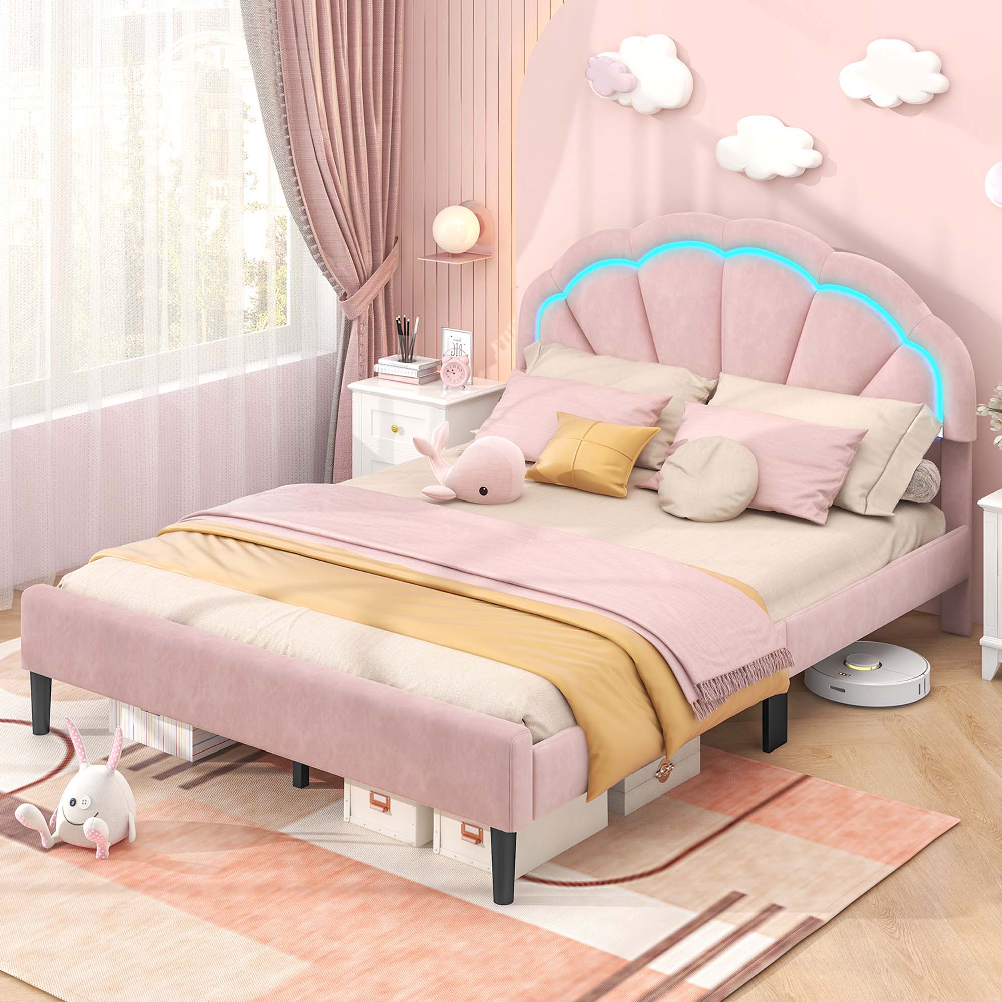 Angle. Costway - Queen Size Upholstered LED Bed Frame Soft Velvet Platform Bed with Flower Headboard - Pink.