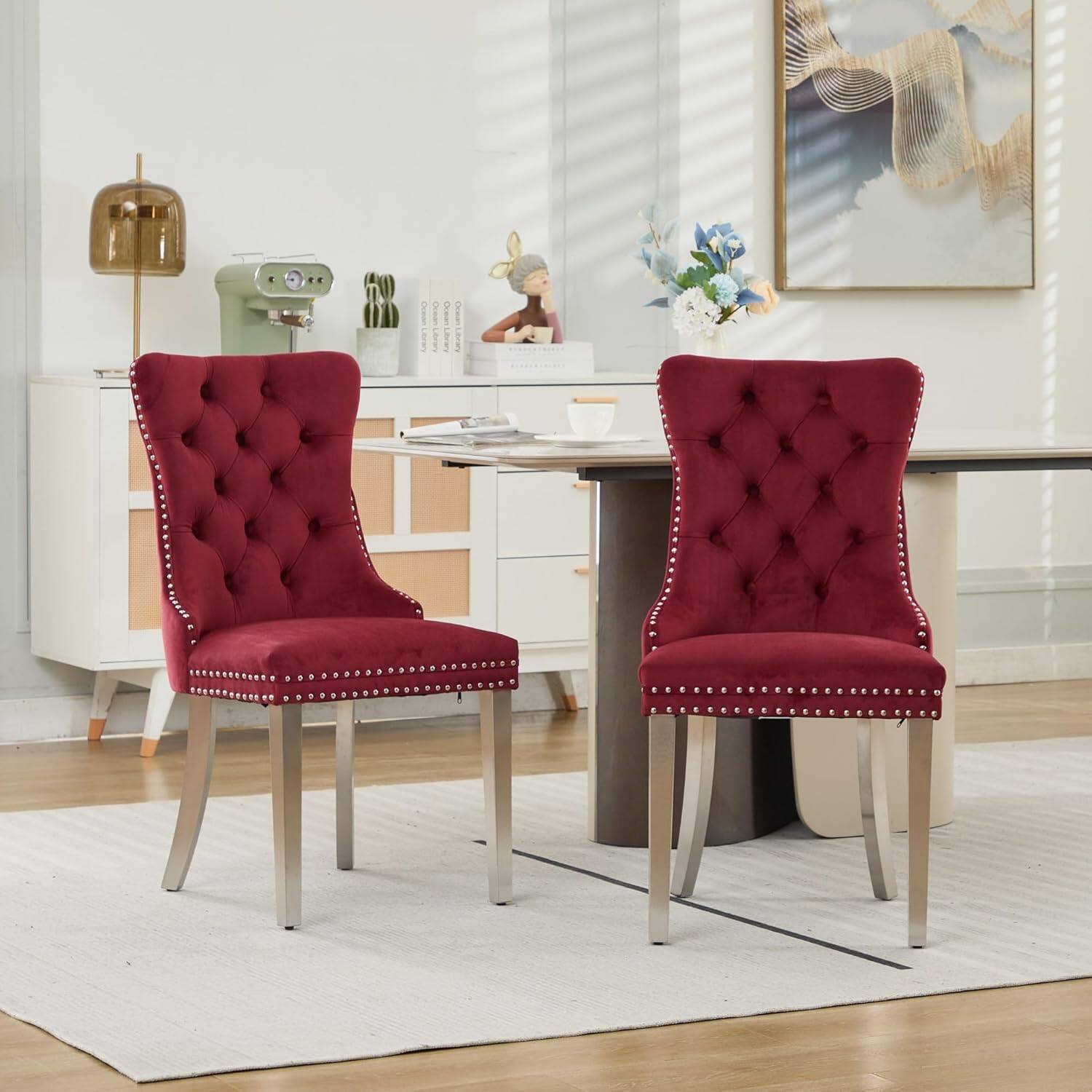 Alt View 5. Trinkets Crazed - Velvet Dining Chair Set of 2 Upholstered Tufted Dining Room Chair with Nailhead Trim - wine red.