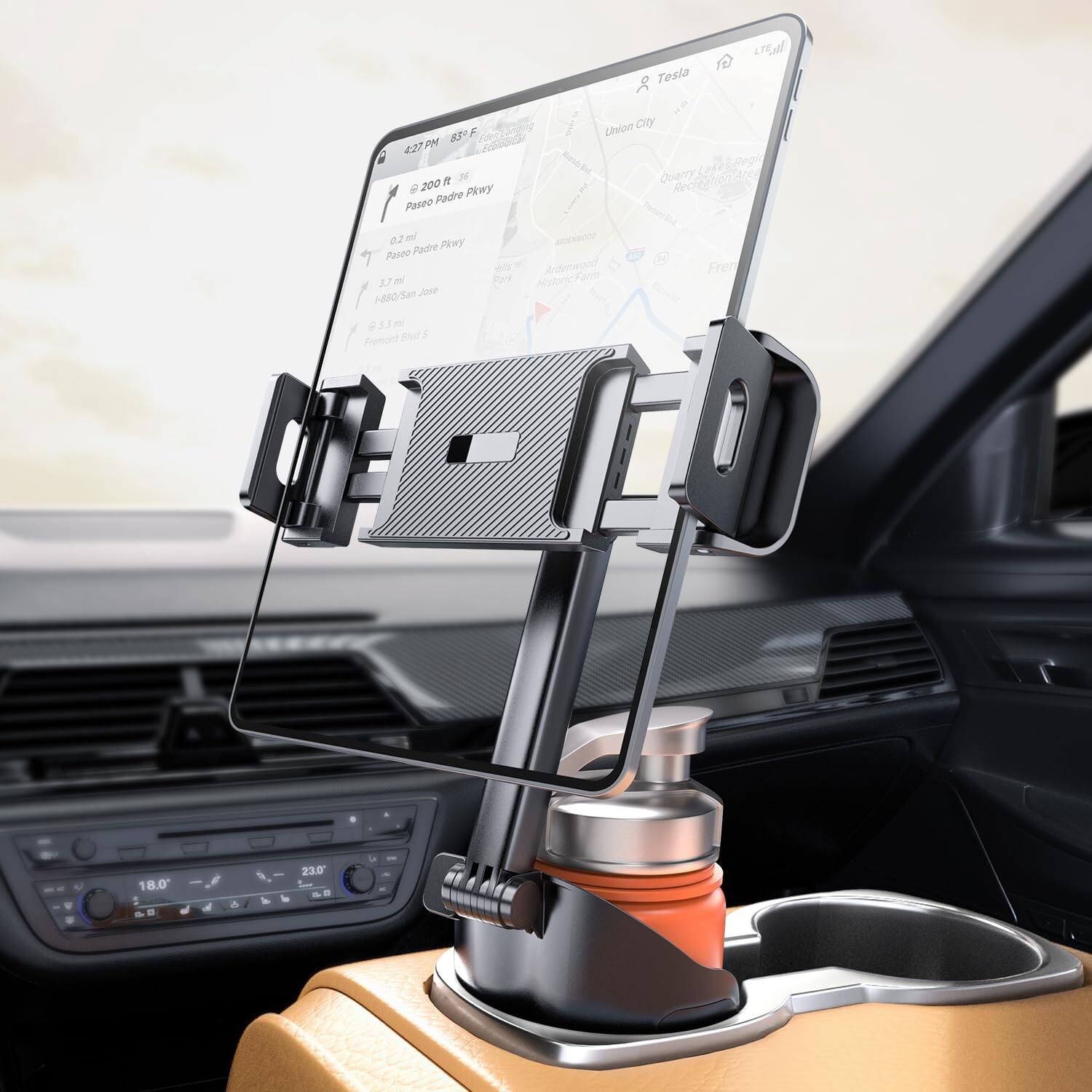 TECH SAFARI - Cup Hold Tablet Holder Mount For Car Ipad With Flexible Hollow Base 360 Rotatable Deep Clamp Compatible 6 11 - Default
