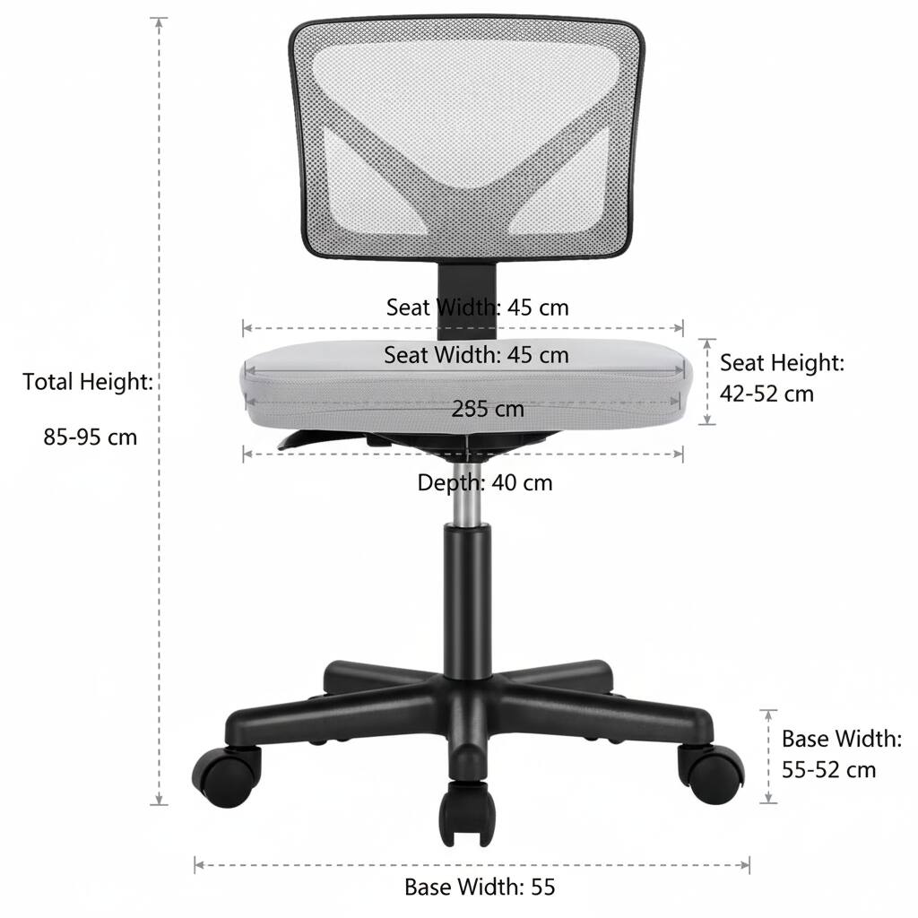 Sure, here is the corrected and grouped text from the image:

- **Seat Width:** 45 cm
- **Total Height:** 85-95 cm
- **Seat Height:** 42-52 cm
- **Depth:** 40 cm
- **Base Width:** 55-52 cm
