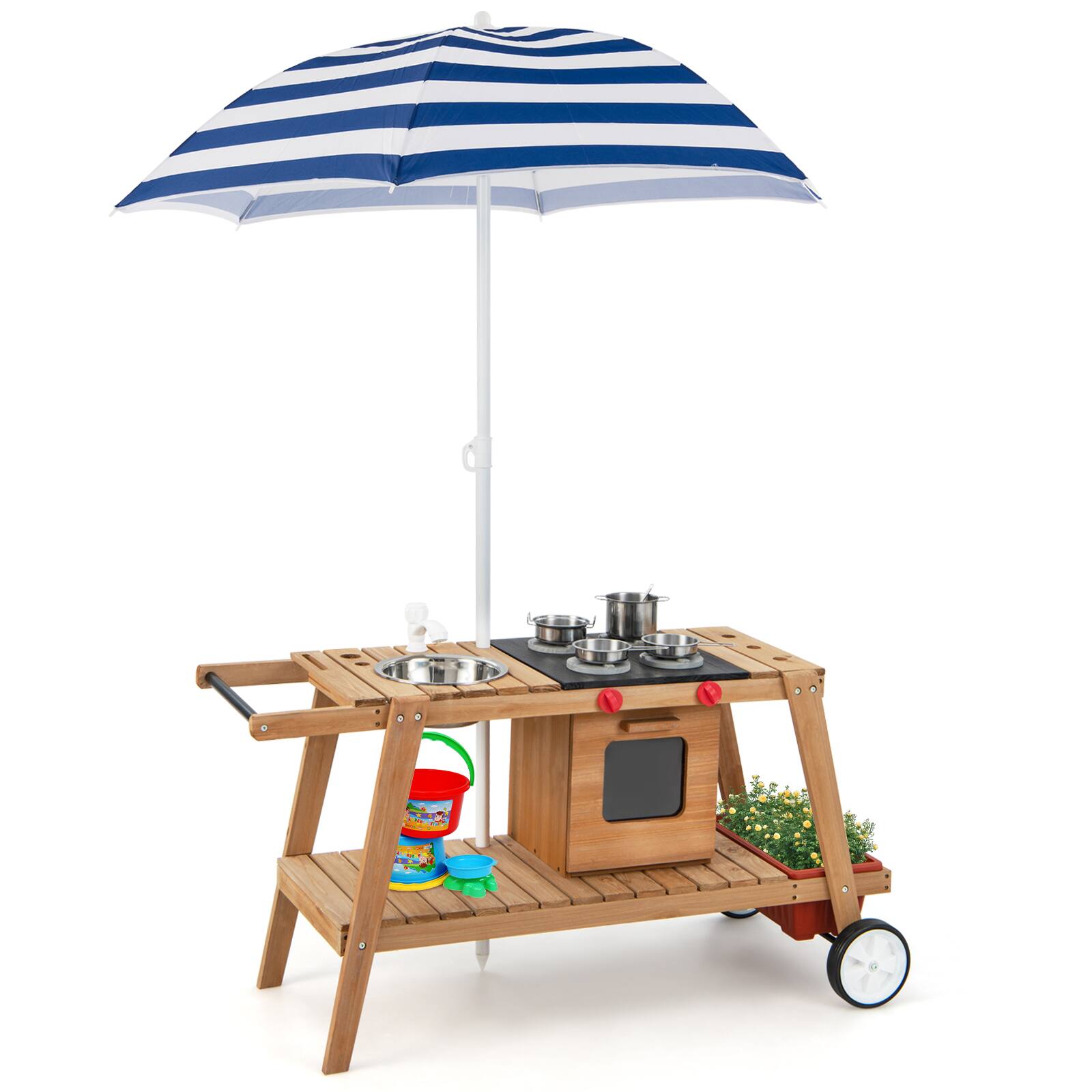 Front. Costway - Costway Kid's Play Trolley Outdoor Wooden Kids Play Cart with Sun Umbrella for Toddlers 3+ - Blue.