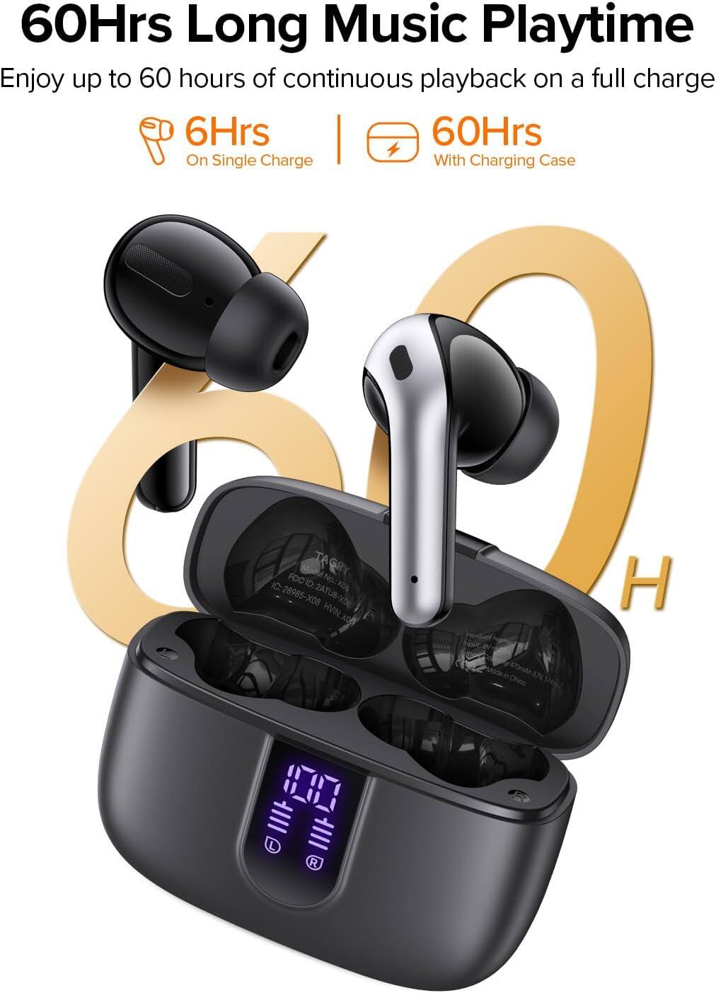 60Hrs Long Music Playtime  
Enjoy up to 60 hours of continuous playback on a full charge  
6Hrs On Single Charge  
60Hrs With Charging Case  

IC: 28985-X08  
FCC ID: TA 2ATU8-X  
HVIN: XOB  
No. GRY  
Made in China  

TA GRY  
FCC ID: 2ATU8-X08  
IC: 28985-X08  
HVIN: XOB  
Made in China
