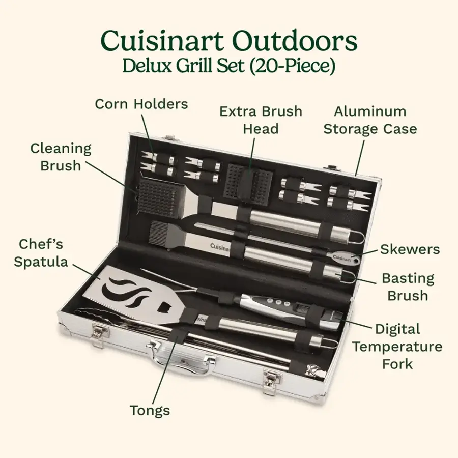 Cuisinart Outdoors Delux Grill Set (20-Piece) includes: Corn Holders, Cleaning Brush, Extra Brush, Aluminum Head, Storage Case, Chef's Spatula, Skewers, Basting Brush, Digital Temperature Fork, Tongs.