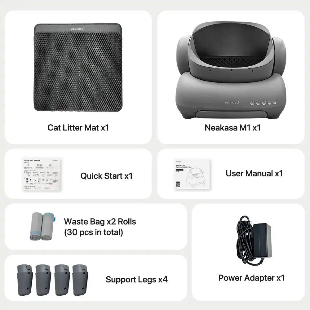 neokasa Cat Litter Mat x1  
Neakasa M1 x1  
Quick Start x1  
User Manual x1  
Waste Bag x2 Rolls (30 pcs in total)  
Support Legs x4  
Power Adapter x1
