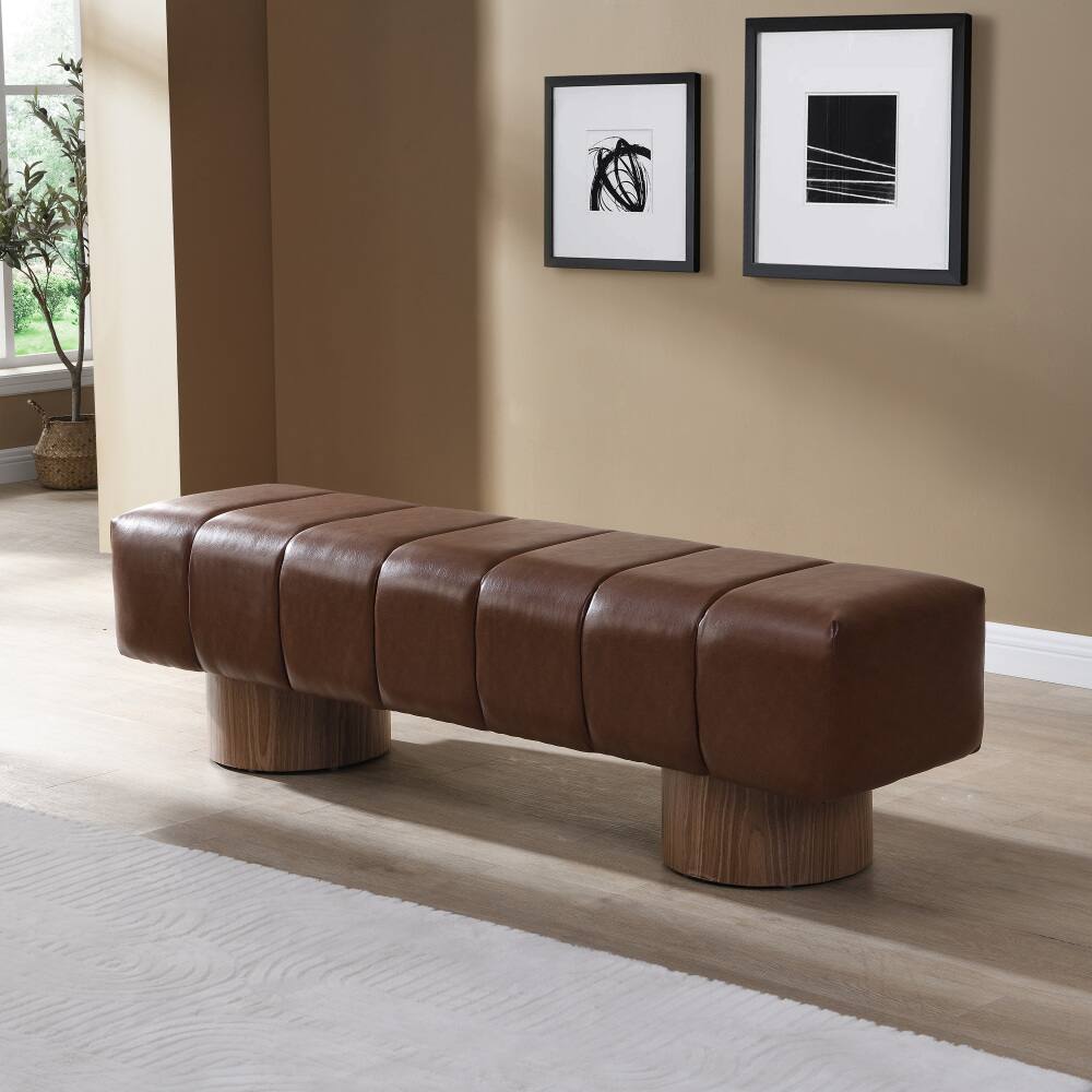 Front. PDTEND - Upholstered Brown Dining Bench with PU Cushion and Wooden Legs for Dining and Living Room - Brown.