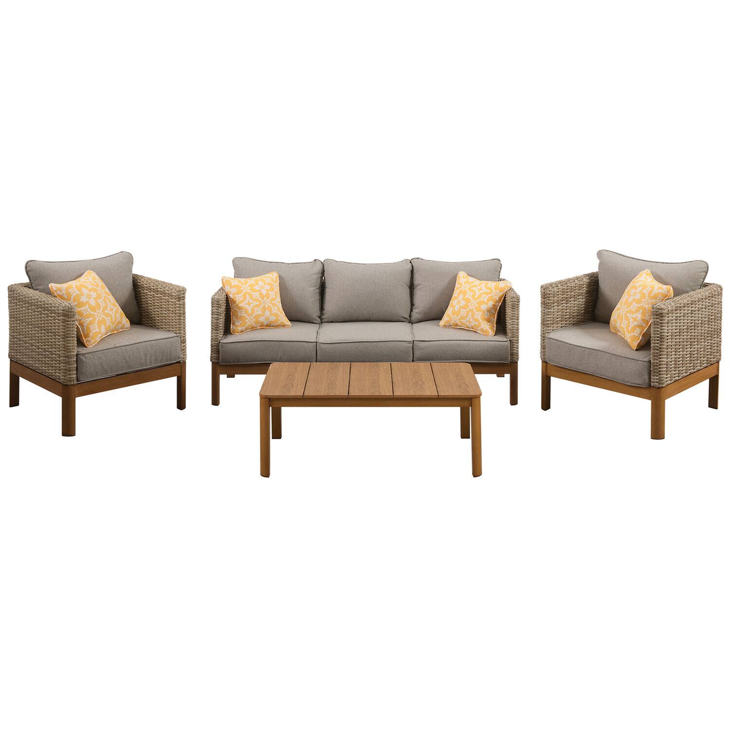 Front. Mod Furniture - Blake 4-Piece Set with 2 Bucket Chairs, Sofa and 44” x 17” Faux Wood Coffee Table - Grey/Faux Wood.