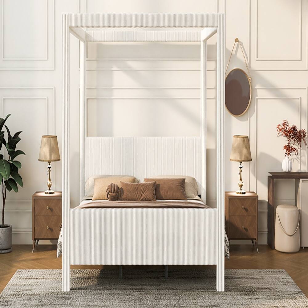 Alt View 1. Loheer - Loheer King Size Canopy Bed Upholstered Platform Bed Corduroy Beige - Beige.
