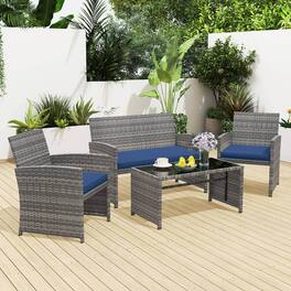 Costway - 4 PCS Patio Furniture Set with Tempered Glass Coffee Table Loveseat 2 Single Sofas - Navy+Gray