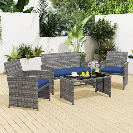 Front. Costway - Costway 4 PCS Patio Furniture Set with Tempered Glass Coffee Table Loveseat 2 Single Sofas - Navy+Gray.
