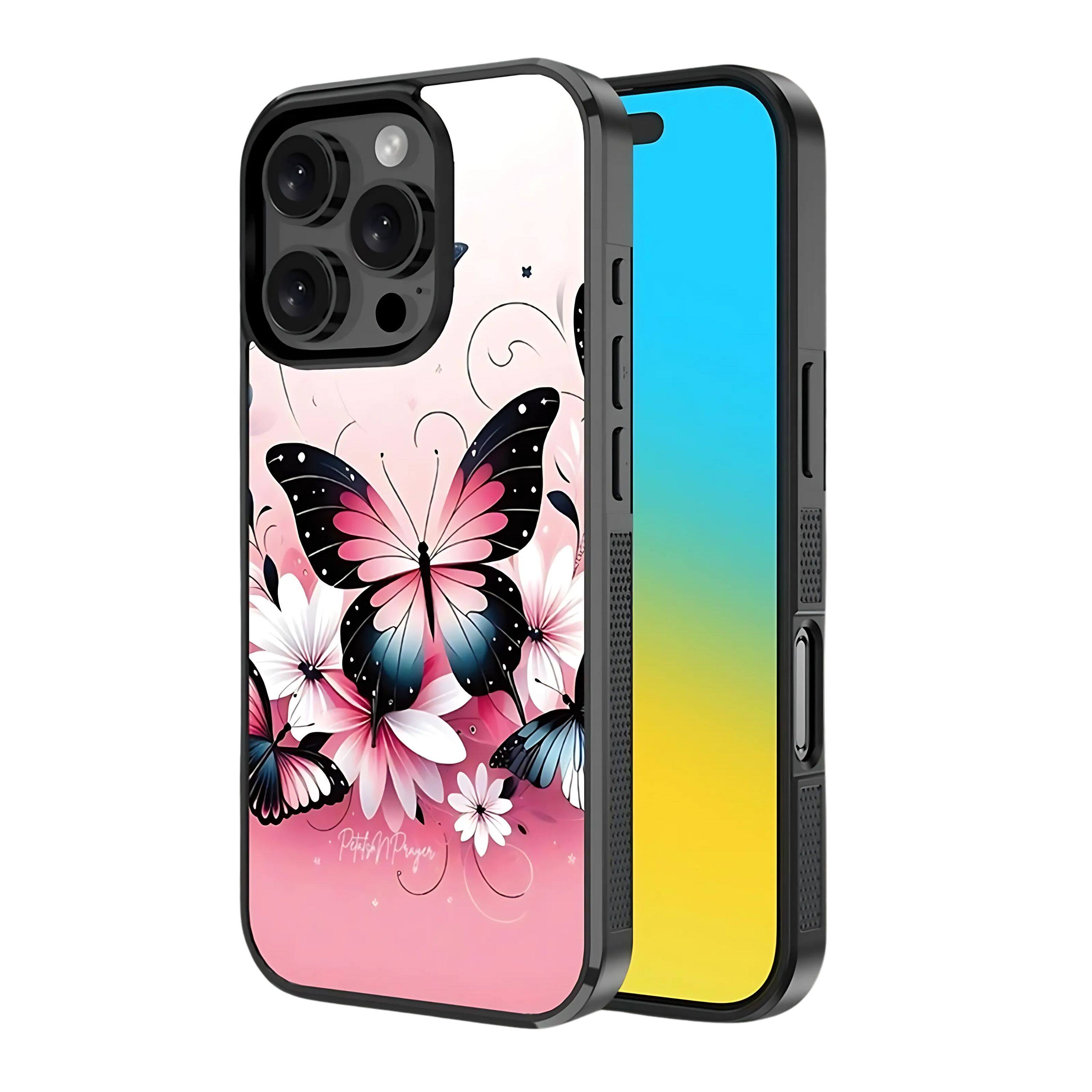 Kitcheniva - Butterfly & Flower Print Built-in Magnetic Ring Compatible Case For iPhone 16 Pro Max - Pink with Butterfly Art