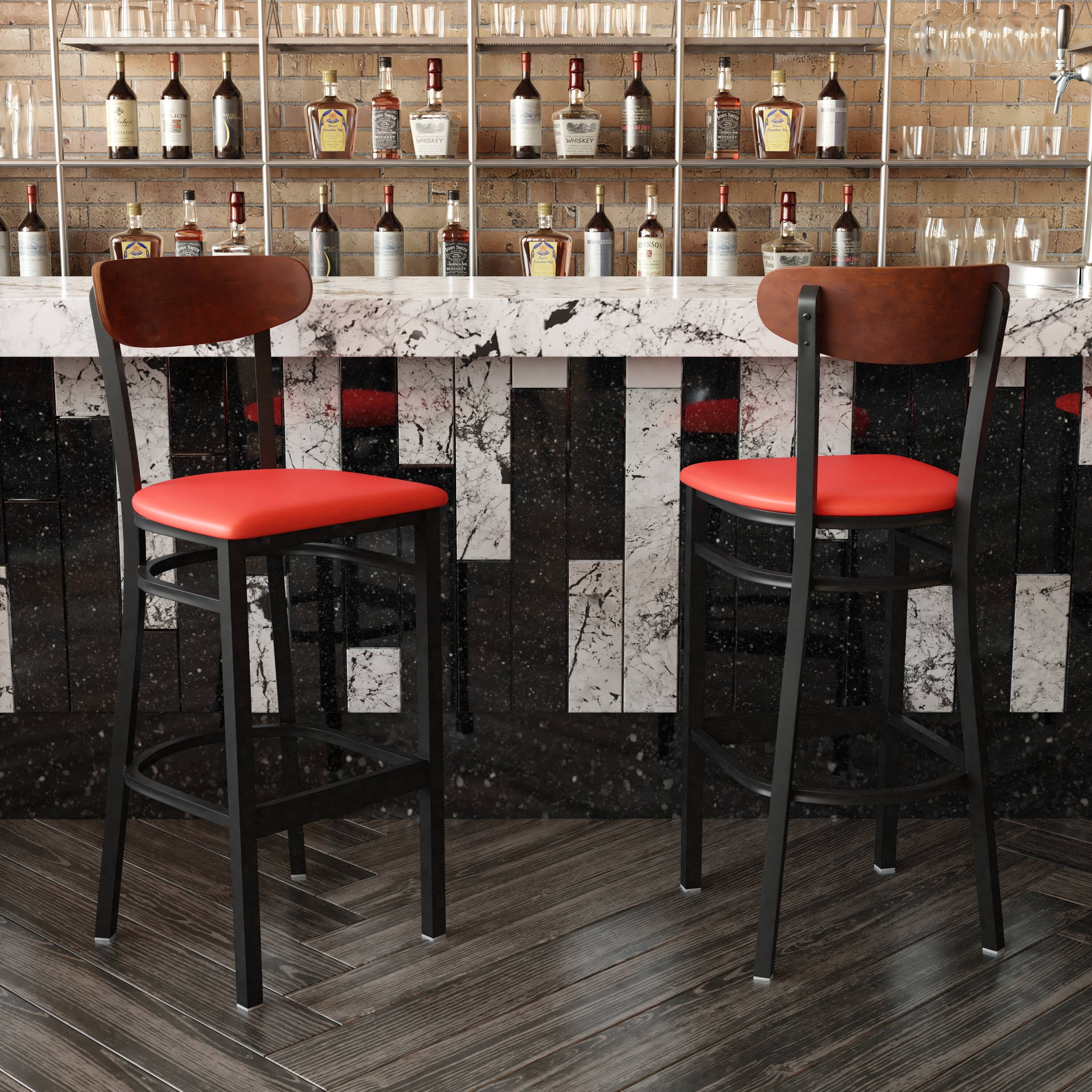Alt View 14. Alamont Home - Wright Commercial Metal Barstool with Vinyl Seat and Wood Boomerang Back-Red/Walnut - Walnut Wood Back/Red Vinyl Seat.